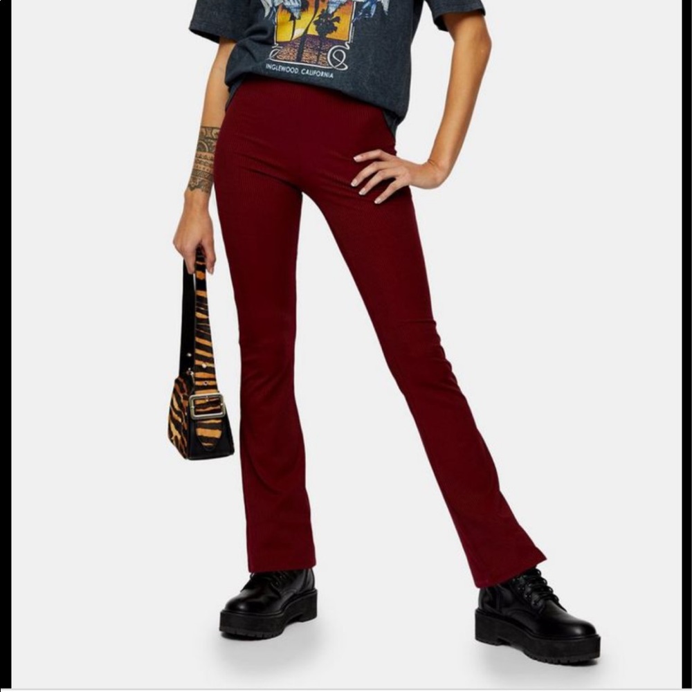 PETITE Burgundy Skinny Ribbed Flare Pants